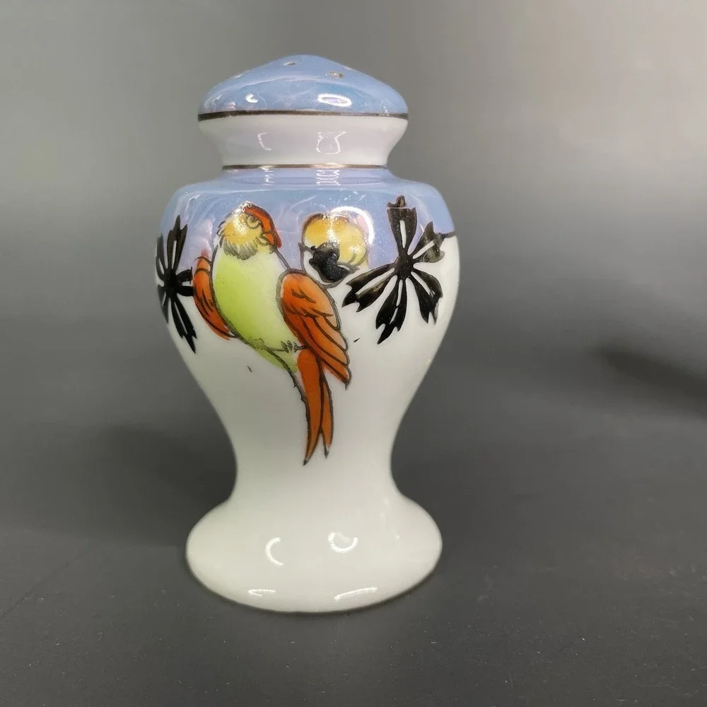 Vintage Lustreware Salt & Pepper Shaker Set Japan Porcelain Hand Painted Parrots